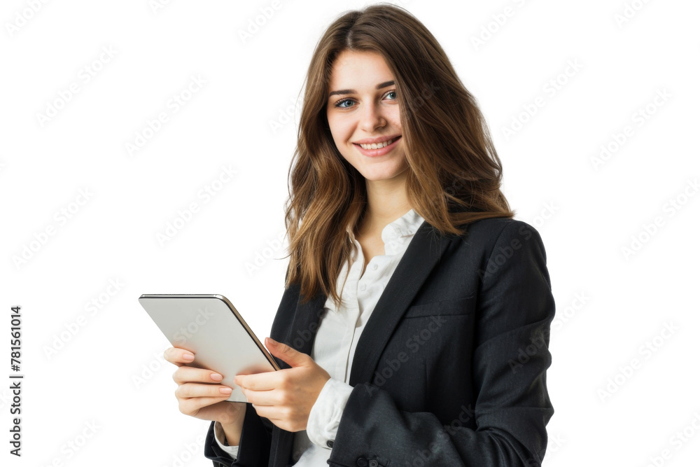 Studio portrait company worker beautiful young Caucasian woman with an attractive smile wearing casual outfits and holding digital tablet, isolated on transparent png background. Studio portrait company worker beautiful young Caucasian woman with an attractive smile wearing casual outfits and holding digital tablet, isolated on transparent png background.
