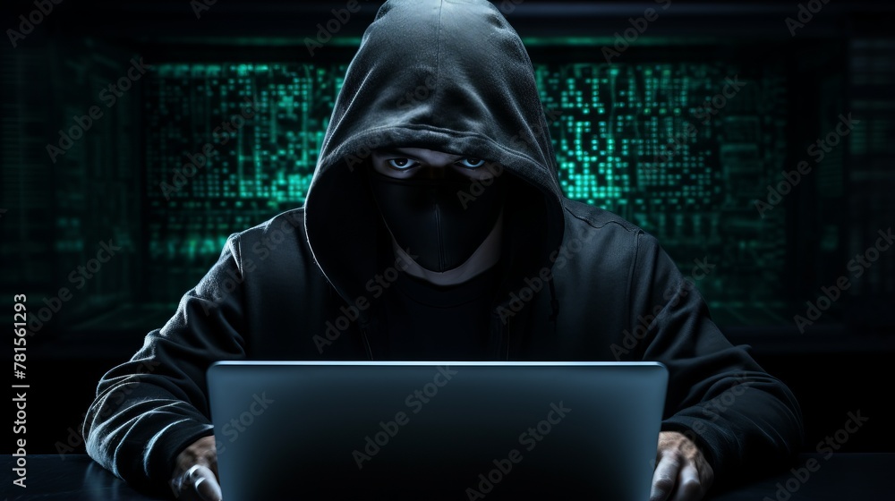 A hacker wearing a mask and hoodie is sitting in front of a laptop in a dark room with a green circuit board in the background A hacker wearing a mask and hoodie is sitting in front of a laptop in a dark room with a green circuit board in the background