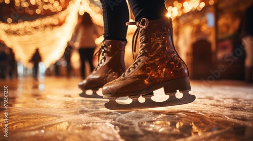 Close-up of ice skates on an ice rink with blurred lights in the background