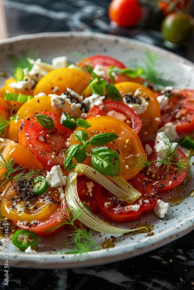 colorful tomato salad with basil, feta cheese and dill colorful tomato salad with basil, feta cheese and dill