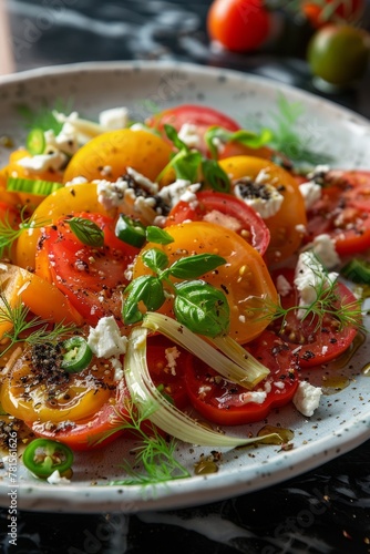 colorful tomato salad with basil, feta cheese and dill
