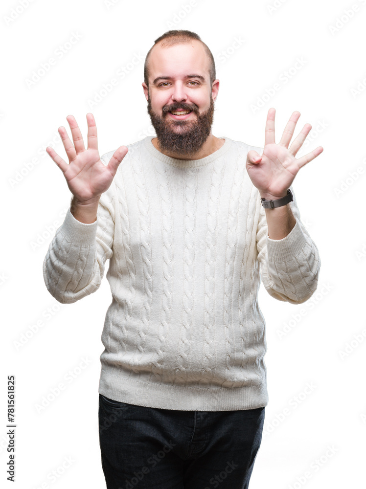 Young caucasian hipster man wearing winter sweater over isolated background showing and pointing up with fingers number nine while smiling confident and happy. Young caucasian hipster man wearing winter sweater over isolated background showing and pointing up with fingers number nine while smiling confident and happy.