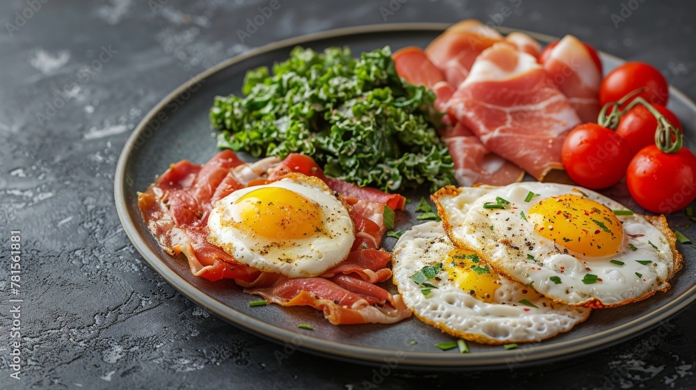 Delicious Plate of Food With Eggs, Bacon, Tomatoes, and Greens