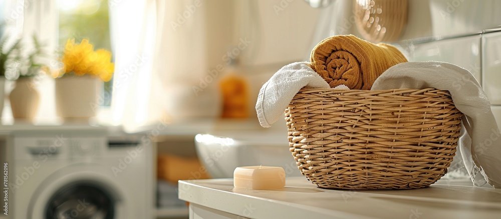A woven rattan basket filled with piles of dirty clothes in a laundry room with the background of the laundry room and washing machine blurred.