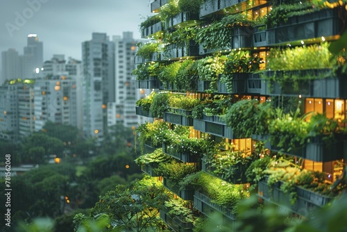 Innovative urban farms in skyscrapers, powered by AI, shine brightly in the night, integrating seamlessly into the cityscape.