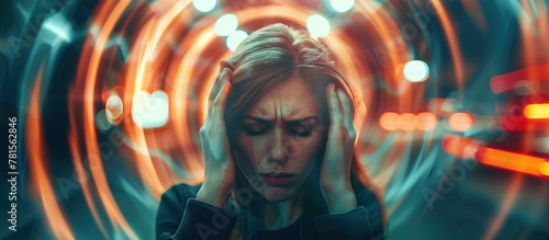 Portrait a woman felling headache dizzy sense of spinning dizziness. Vertigo, migraine, headache dizzy concept  © Mas