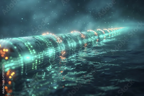 Deep sea internet cables with bioluminescent markers, visualized at oceanic depths.