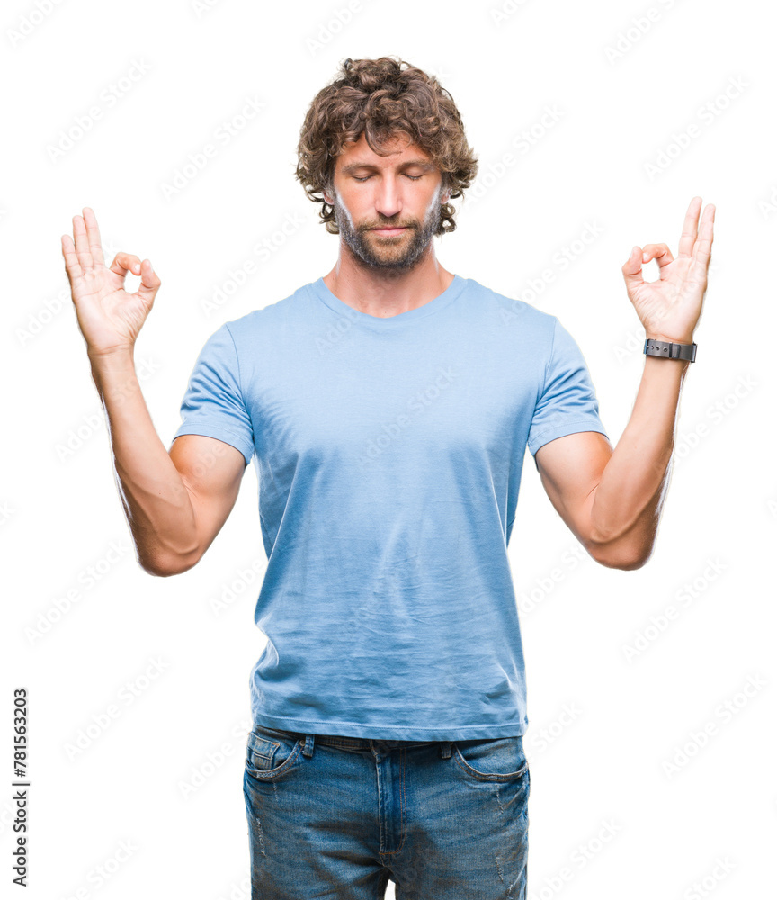 Handsome hispanic model man over isolated background relax and smiling with eyes closed doing meditation gesture with fingers. Yoga concept. Handsome hispanic model man over isolated background relax and smiling with eyes closed doing meditation gesture with fingers. Yoga concept.