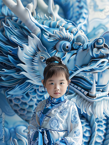 Close-up, a 5-year-old cute Chinese girl, dressed in Han clothes with blue and white porcelain elements, standing in front of a huge blue and white porcelain dragon.
