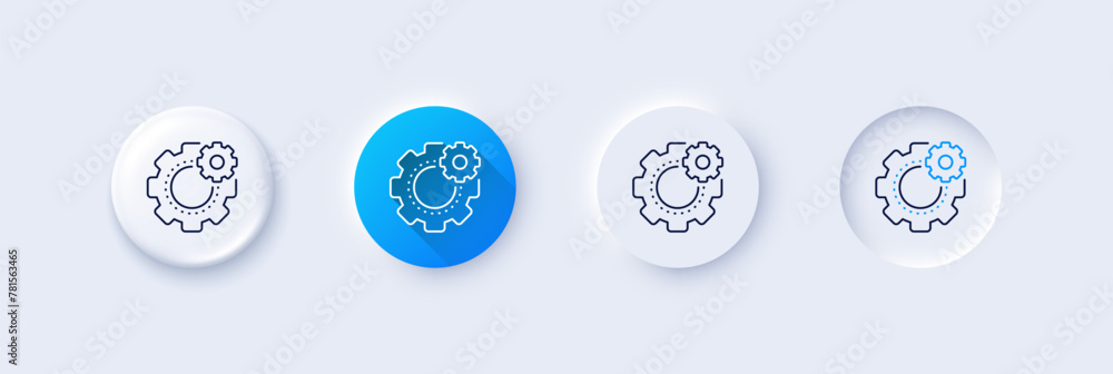 Cogwheel line icon. Neumorphic, Blue gradient, 3d pin buttons. Engineering tool sign. Cog gear symbol. Line icons. Neumorphic buttons with outline signs. Vector Cogwheel line icon. Neumorphic, Blue gradient, 3d pin buttons. Engineering tool sign. Cog gear symbol. Line icons. Neumorphic buttons with outline signs. Vector