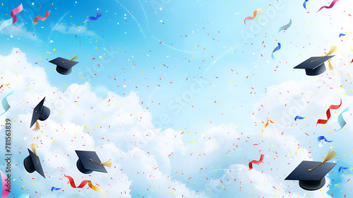 Graduation caps with tassels thrown into the blue sky with clouds and colorful candy. joyful holiday invitation background with copy space