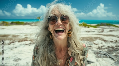 Portrait of a laughing woman with long white hair wearing sunglasses and a floral shirt standing on a beach