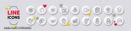 Psychology, Sunscreen and Capsule pill line icons. White buttons 3d icons. Pack of Umbrella, Pets care, Stress icon. Coronavirus, Bicycle lockers, People vaccination pictogram. Vector