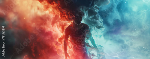 Surreal Digital Human Form with Red and Blue Smoke photo
