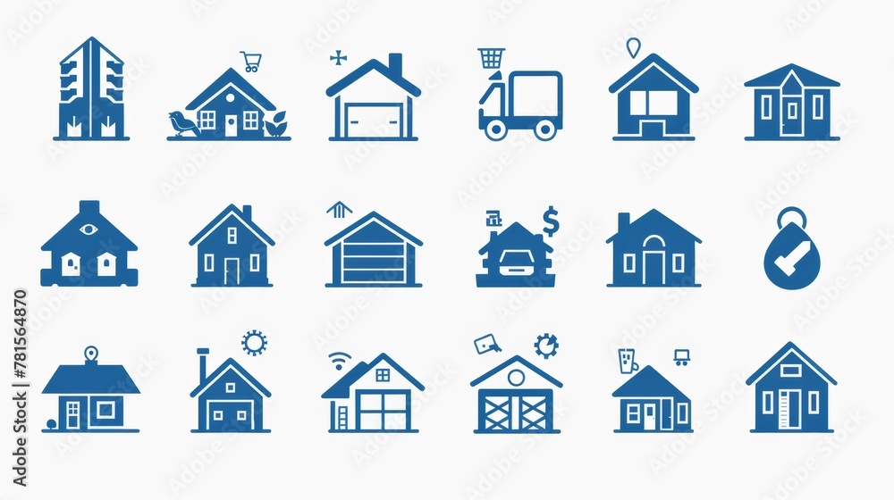 Fototapeta premium A comprehensive set of blue and white icons depicting various home-related themes such as real estate, insurance, and family life, perfect for web and print