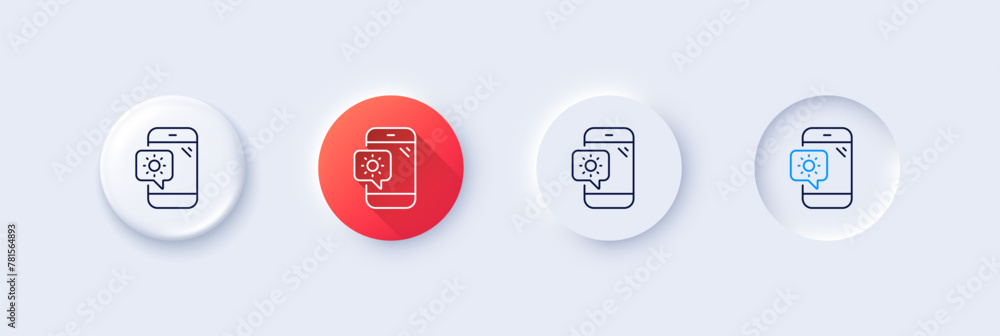 Weather phone line icon. Neumorphic, Red gradient, 3d pin buttons. Travel device sign. Holidays symbol. Line icons. Neumorphic buttons with outline signs. Vector Weather phone line icon. Neumorphic, Red gradient, 3d pin buttons. Travel device sign. Holidays symbol. Line icons. Neumorphic buttons with outline signs. Vector