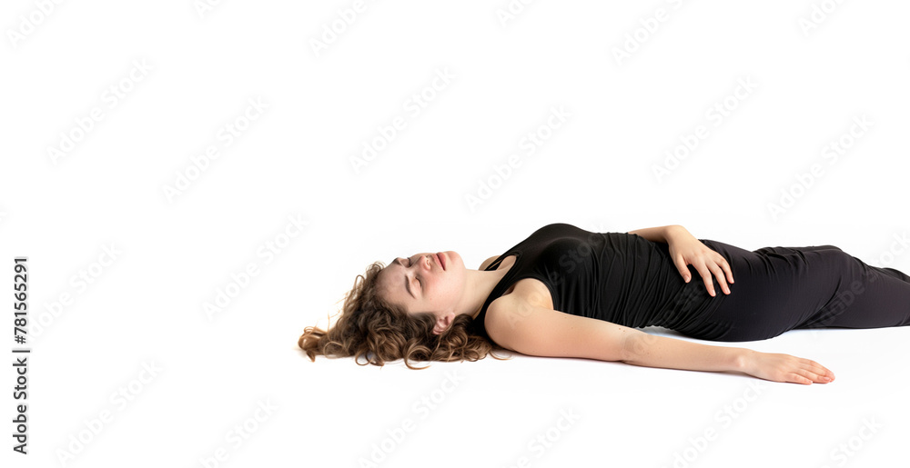 Woman Sleeping concept. Eyes closed. Laying on the isolated white background. Teen girl with wavy light brown hair. Can also represent Fainted, dead, relaxed, relaxation, drunk. Woman Sleeping concept. Eyes closed. Laying on the isolated white background. Teen girl with wavy light brown hair. Can also represent Fainted, dead, relaxed, relaxation, drunk.