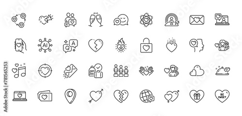 Romantic gift, Romantic talk and Dating app line icons pack. AI, Question and Answer, Map pin icons. Valentine, Care, Equality web icon. Hold heart, Heart, Lgbt pictogram. Vector