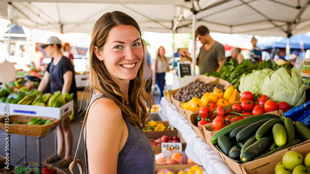 A cheerful young woman shopping for fresh fruits and vegetables at a vibrant local farmer's market on a sunny day.