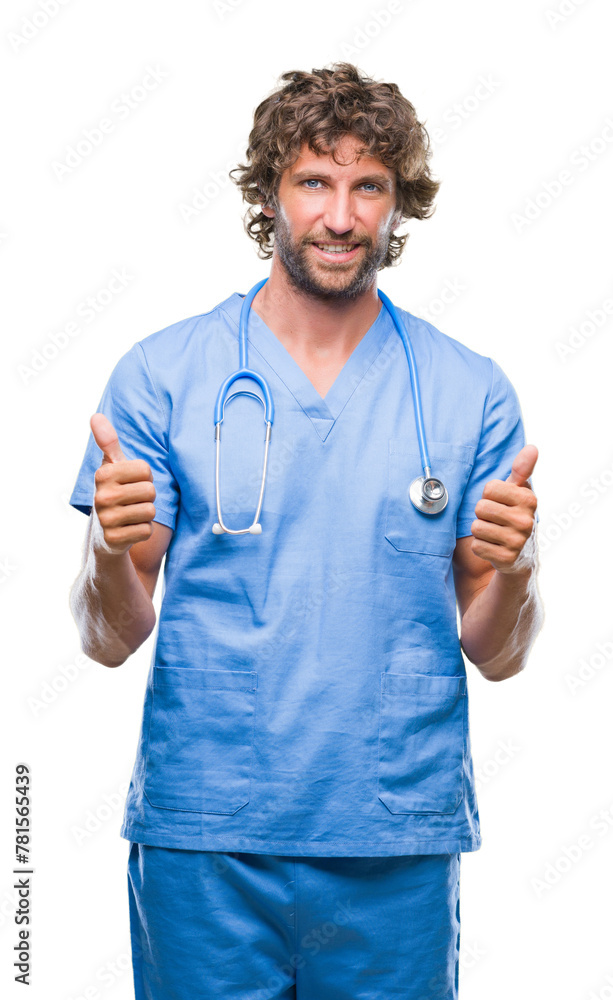 Handsome hispanic surgeon doctor man over isolated background success sign doing positive gesture with hand, thumbs up smiling and happy. Looking at the camera with cheerful expression Handsome hispanic surgeon doctor man over isolated background success sign doing positive gesture with hand, thumbs up smiling and happy. Looking at the camera with cheerful expression
