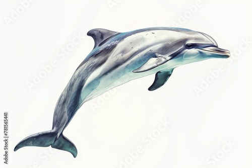 A beautiful illustration of a dolphin in watercolor style  showcasing intricate shadows and highlights on a white background