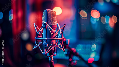 Close-up of a studio microphone with colorful blurred background, highlighting modern audio recording technology. photo