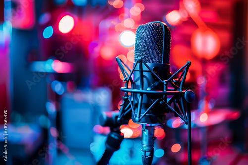 A professional microphone in a recording studio with colorful neon lights creating a vibrant music production atmosphere.