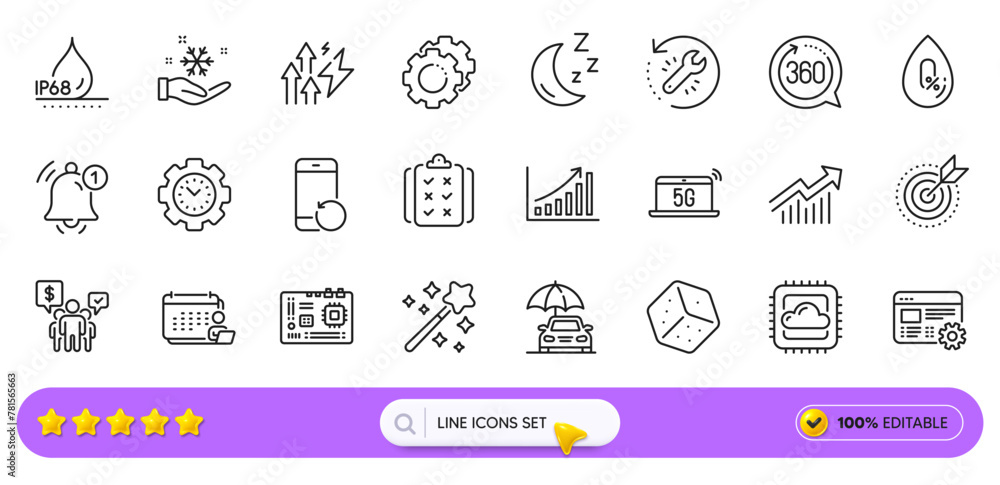 Moon, Waterproof and Accounting line icons for web app. Pack of Magic wand, Dice, Motherboard pictogram icons. Cloud computing, Demand curve, Reminder signs. Time management, No alcohol. Vector Moon, Waterproof and Accounting line icons for web app. Pack of Magic wand, Dice, Motherboard pictogram icons. Cloud computing, Demand curve, Reminder signs. Time management, No alcohol. Vector