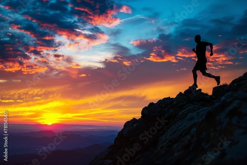 A lone runner ascends a mountain path, the sky above ablaze with the colors of sunset, encapsulating the concept of perseverance and adventure © ChaoticMind