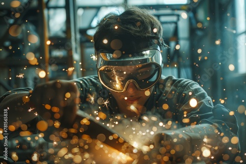 Intense scene of a skilled welder at work, with sparks flying in a dimly lit workshop,capturing the raw energy of manual labor