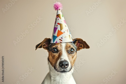 Dog wearing a party hat, happy expression © InfiniteStudio