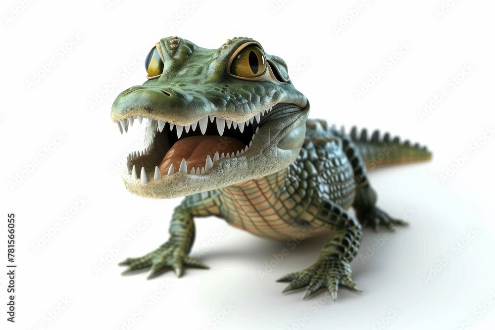 Whimsical 3D illustration of a cartoon crocodile standing smiling wide, perfect for children-related content Whimsical 3D illustration of a cartoon crocodile standing smiling wide, perfect for children-related content