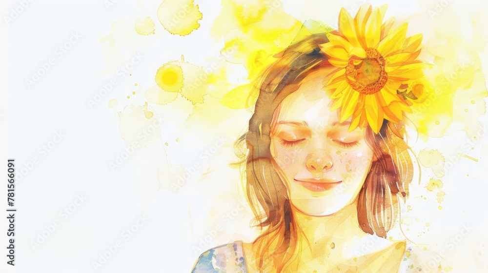 A serene illustration of a young woman with a sunflower in her hair, surrounded by a watercolor splash A serene illustration of a young woman with a sunflower in her hair, surrounded by a watercolor splash