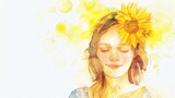 A serene illustration of a young woman with a sunflower in her hair, surrounded by a watercolor splash