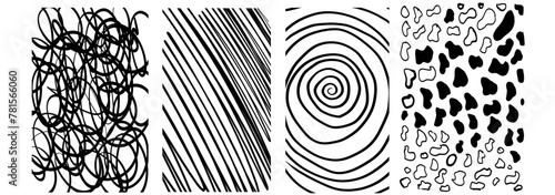 Black horizontal stickers with various hand-drawn pencil crosshatch textures. Vector Naive Doodle Patterns. Design elements for social media posts