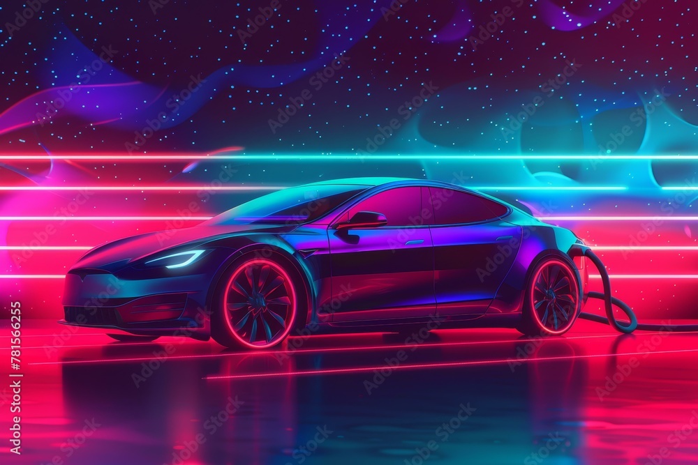 Black electric sports car charging under neon lights with vibrant red and blue glow, futuristic background
