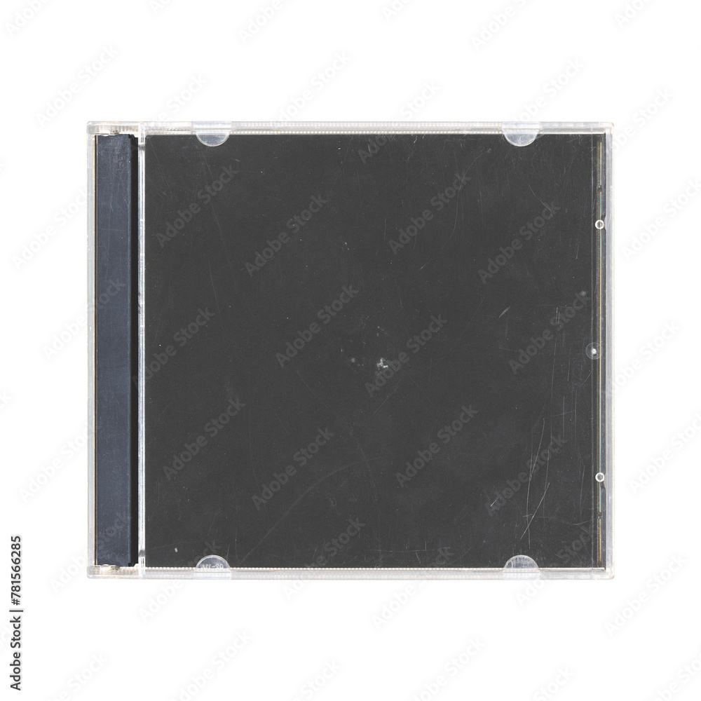 Fototapeta premium isolated mockup of old music CD disc jewel case with black cover layout for photo and artworks, in transparent background, y2k style