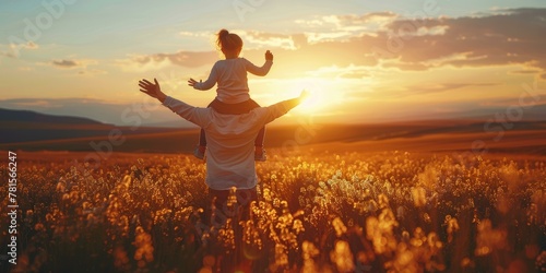 Father carrying child on shoulders in flower field at sunset, family bonding, warm tones, silhouettes, nature backdrop. Copy space.