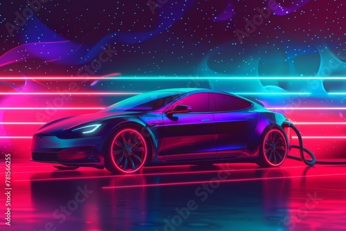 Black electric sports car charging under neon lights with vibrant red and blue glow  futuristic background