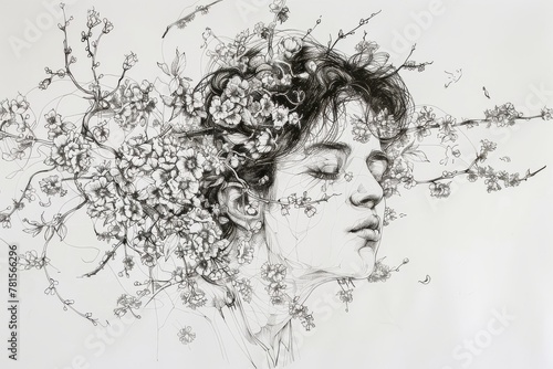 A detailed black and white pencil drawing of a woman surrounded by intricate floral patterns