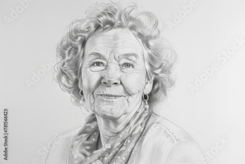 Artistic pencil drawing of a smiling elderly woman with elegant scarf and earrings
