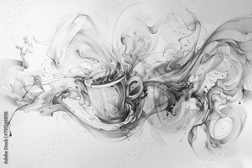 Dynamic black and white abstract artwork featuring a coffee cup creating a splash effect photo