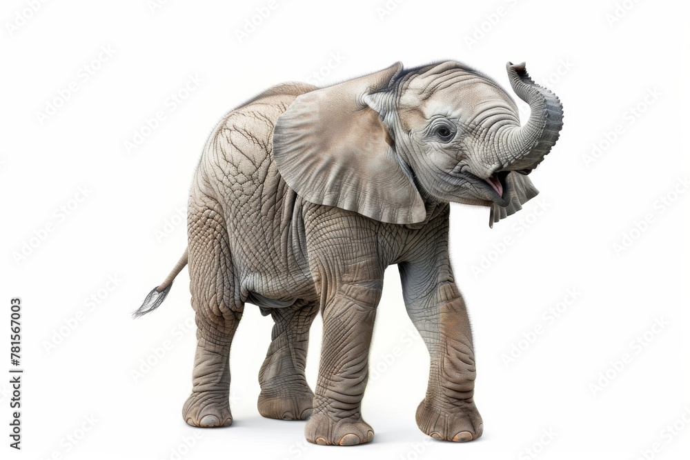 Fototapeta premium Adorable baby elephant standing with its trunk raised in a lively pose, presented on a clean white background