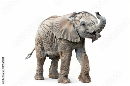 Adorable baby elephant standing with its trunk raised in a lively pose, presented on a clean white background