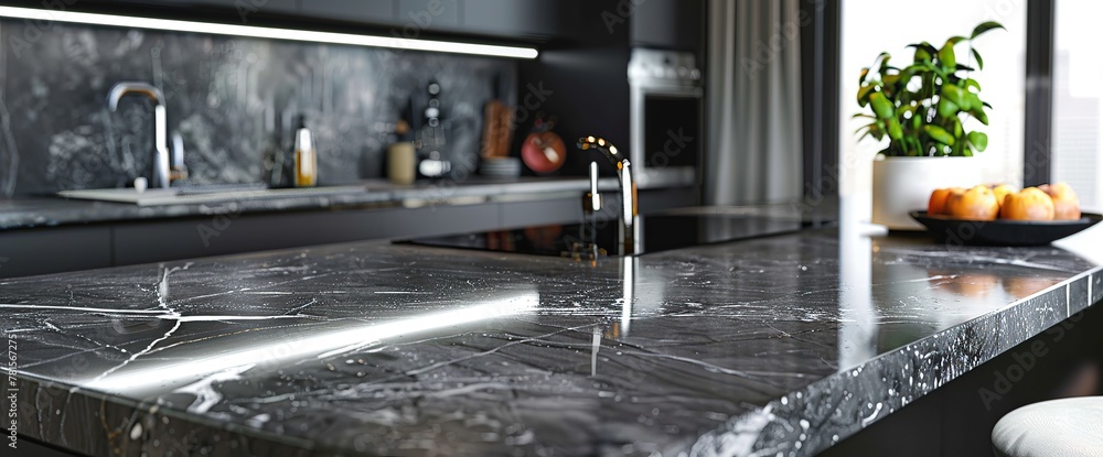 Beautiful grey slate and marble European style modern home kitchen. Elegant minimal home interior style decor. Luxury living standards at home. Beautiful grey slate and marble European style modern home kitchen. Elegant minimal home interior style decor. Luxury living standards at home.