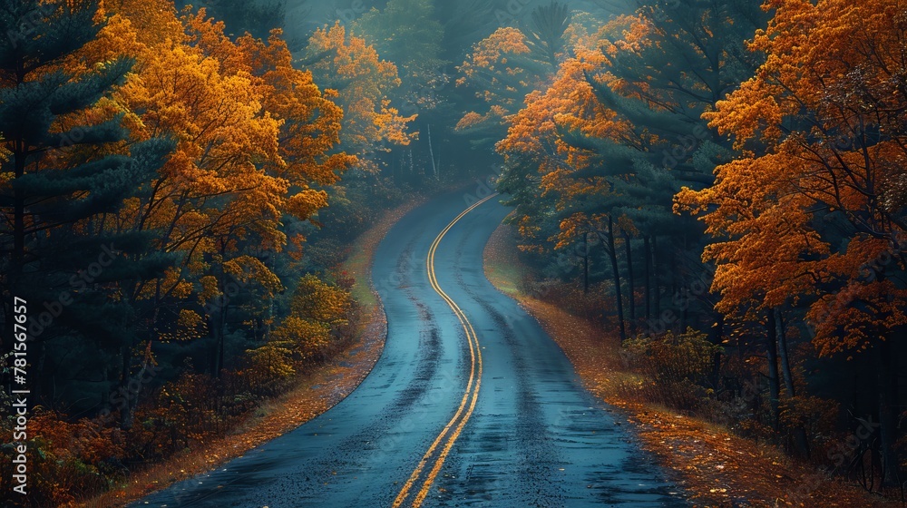 Naklejka premium curvy road in a forest covered in yellowing trees and dried leaves in autum