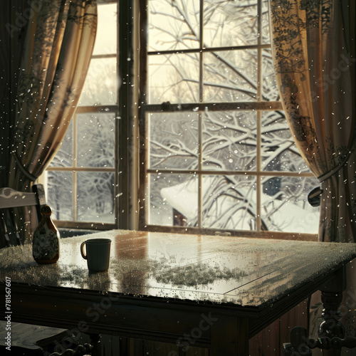 a empty table in a living room at home  Outside the window  there is a scene of winter snowfall