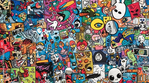 A playful explosion of hand-drawn doodles showcasing aspects of daily life, from business and communication to family and hobbies, spread across a wide canvas.