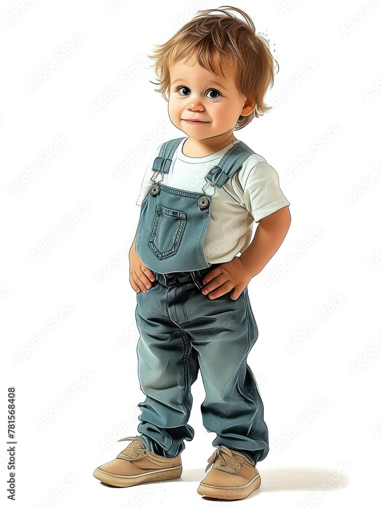 A toddler wearing overalls and a white t-shirt, standing with their hands on their hips. A toddler wearing overalls and a white t-shirt, standing with their hands on their hips.