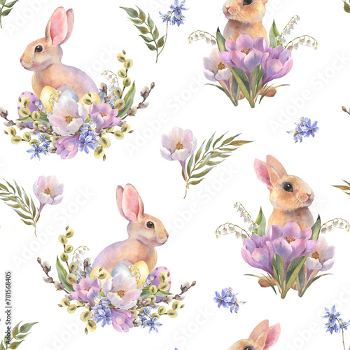 Watercolor Easter seamless pattern. Hand painted holiday wallpaper design with rabbits, leaves and spring flowers on white background. Vintage style spring texture.